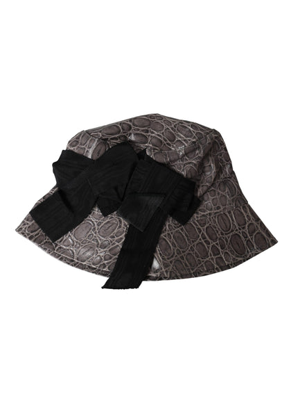 a gray and black hat with a black bow