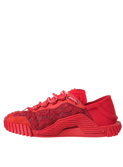 a red sneaker with lace on the top