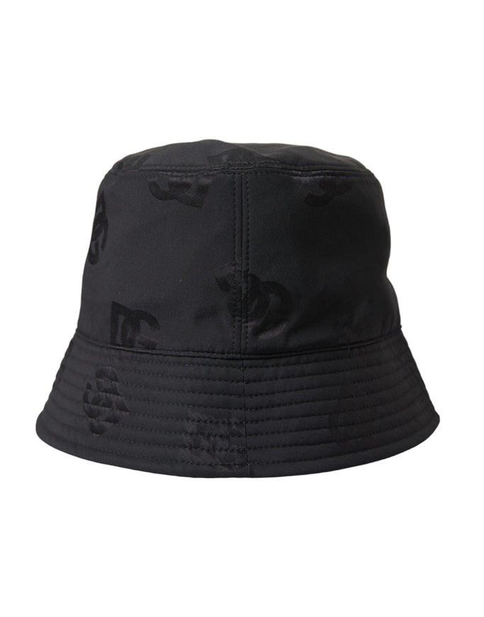 a black bucket hat with a black cat on it