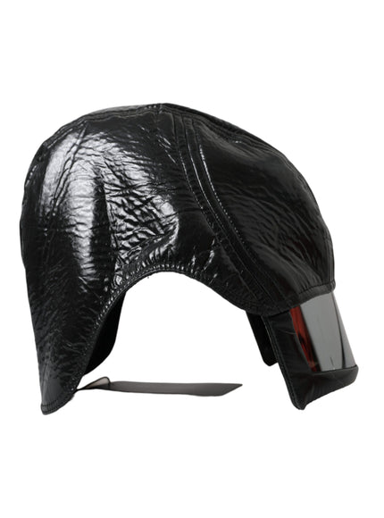 a black leather hat with a knife sticking out of it