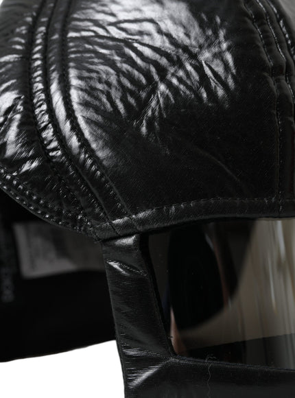 a close up of a black leather helmet