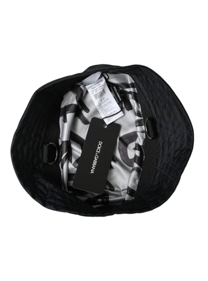 a black and white hat with a tag on it