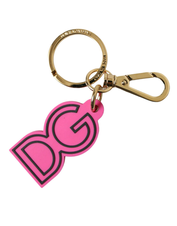 Dolce & Gabbana Pink Rubber Gold Tone Metal DG Logo Keyring Keychain - Ellie Belle