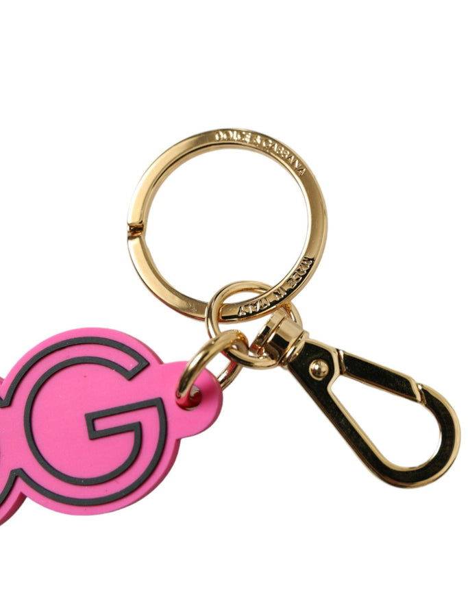 Dolce & Gabbana Pink Rubber Gold Tone Metal DG Logo Keyring Keychain - Ellie Belle