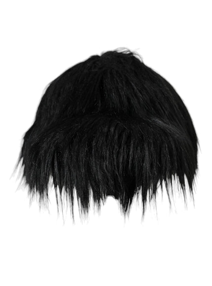 a close up of a black furry hat