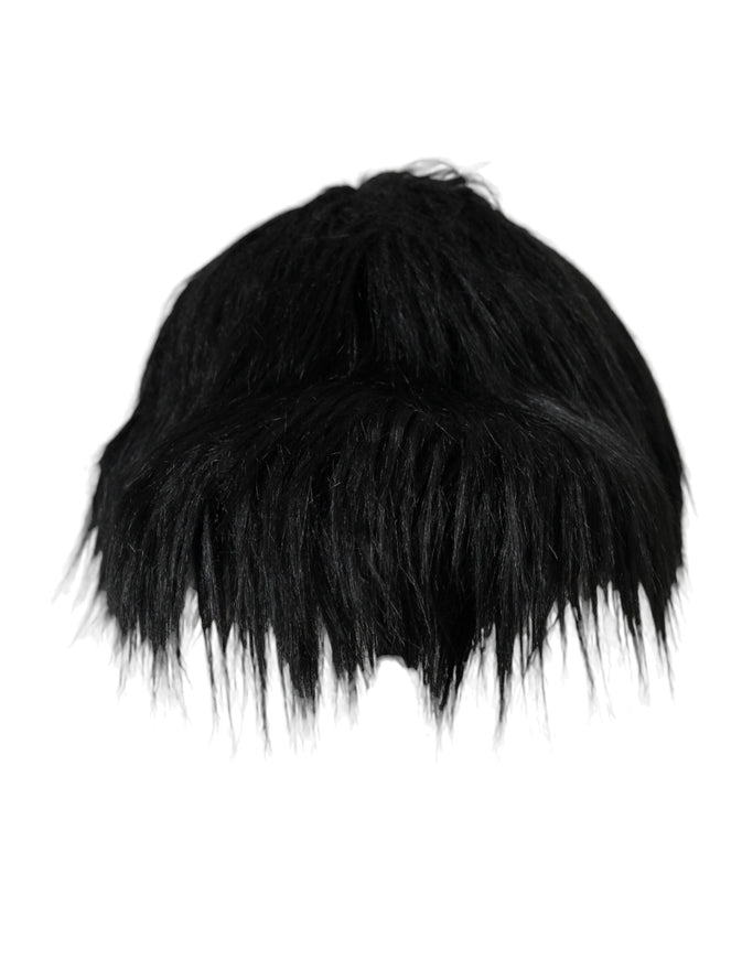 a close up of a black furry hat