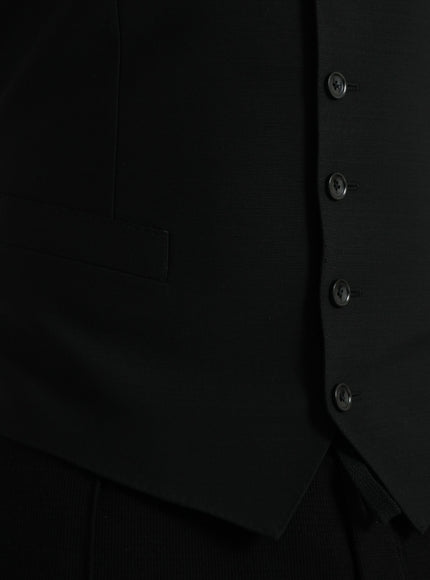 Detail of buttons on black wool waistcoat