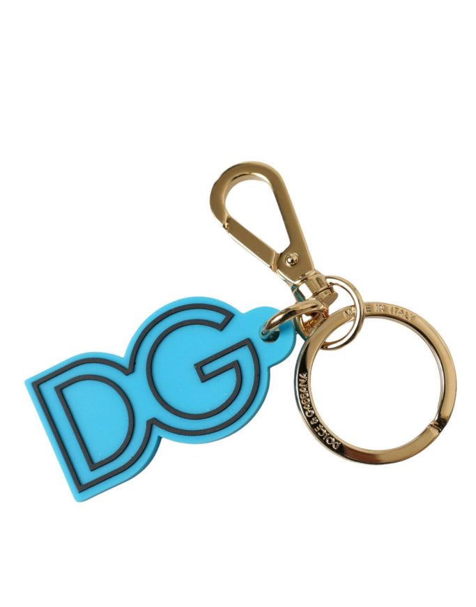 Dolce & Gabbana Blue Rubber Gold Tone Metal DG Logo Keyring Keychain - Ellie Belle