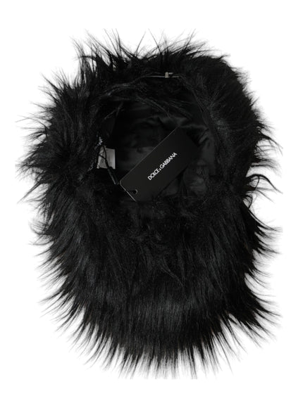 a black furry hat with a tag on it