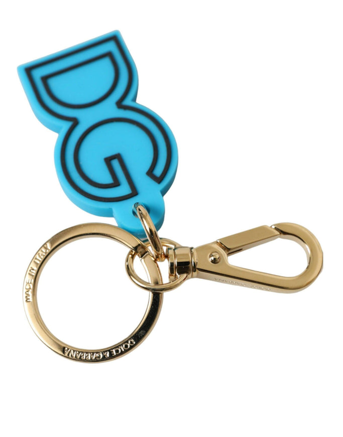 Dolce & Gabbana Blue Rubber Gold Tone Metal DG Logo Keyring Keychain - Ellie Belle