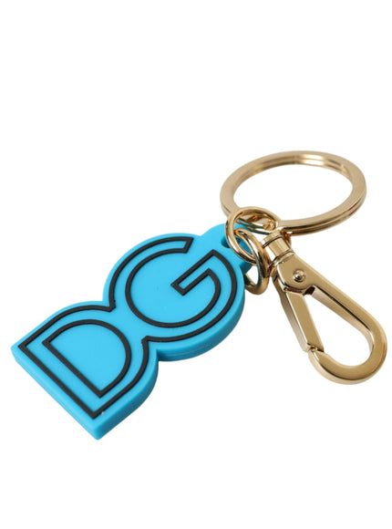 Dolce & Gabbana Blue Rubber Gold Tone Metal DG Logo Keyring Keychain - Ellie Belle