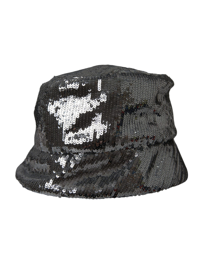 a black sequinized hat with a skull on it