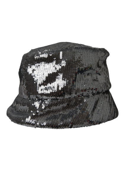 a black sequinized hat with a skull on it