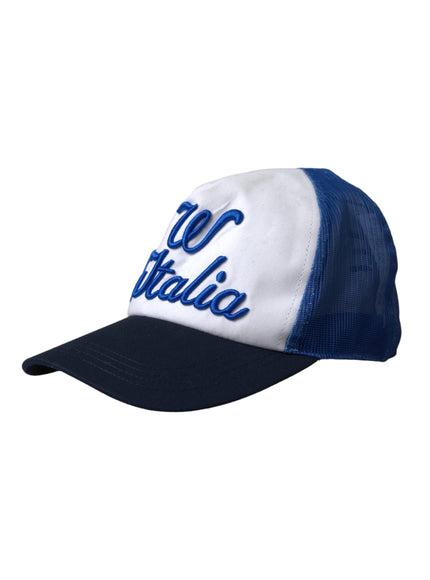 a white and blue hat with the word go italia on it