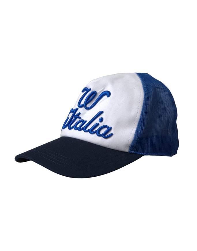 a white and blue hat with the word go italia on it