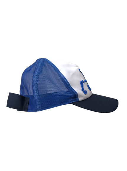 a blue and white hat with a mesh visor