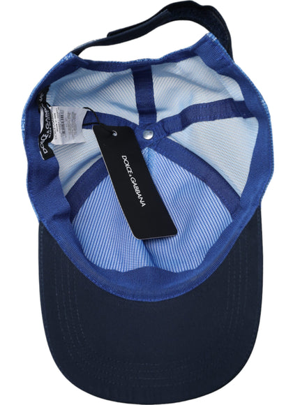 a blue and white hat with a tag on it