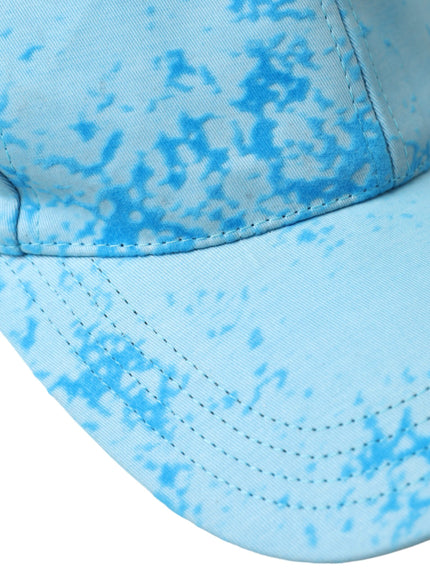 a blue baseball cap with white spots on it