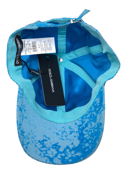 a blue hat with a tag attached to it