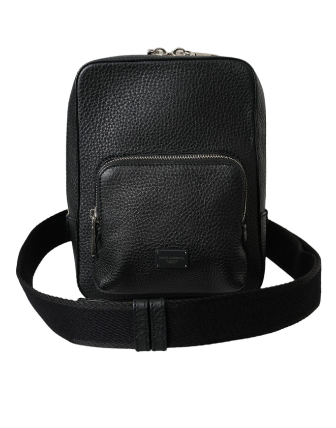 a black leather bag on a white background