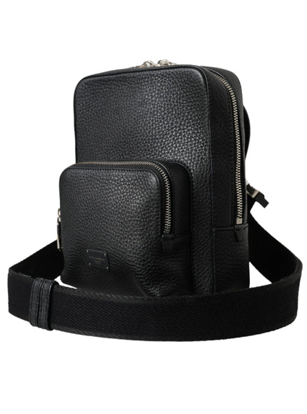 a black leather bag with a black strap