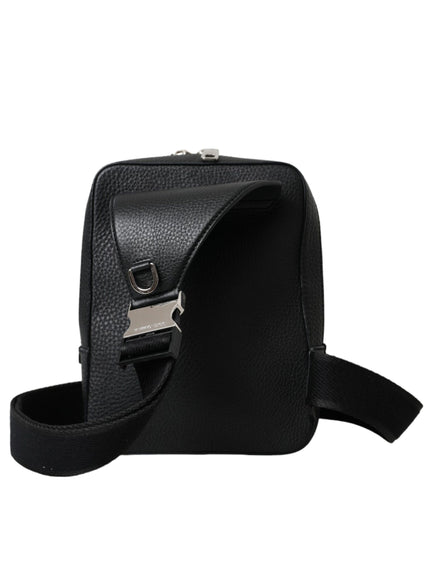 a black leather bag with a strap