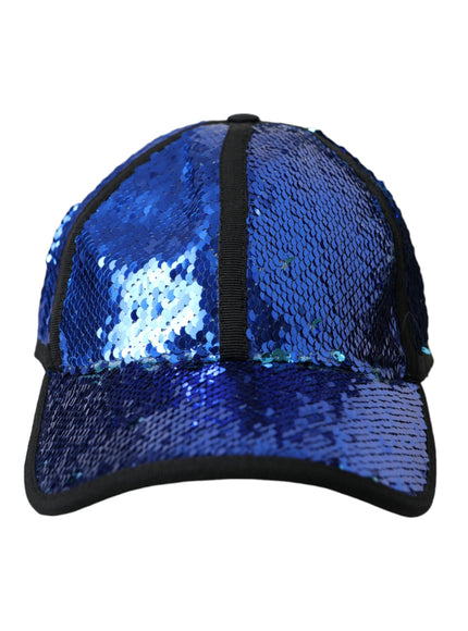 a blue and black baseball cap with sequins