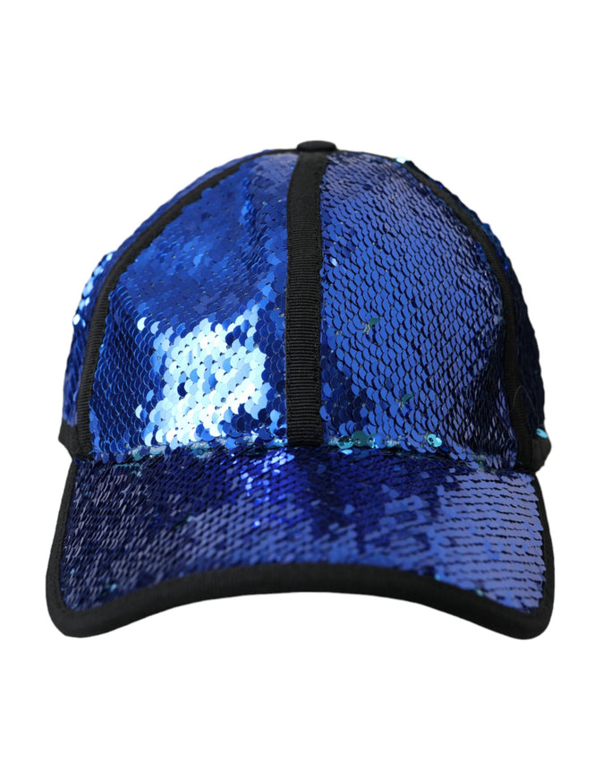 a blue and black baseball cap with sequins