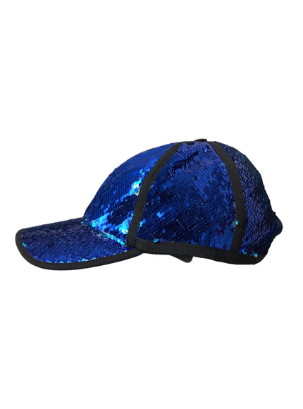 a blue hat with a black band around the peak