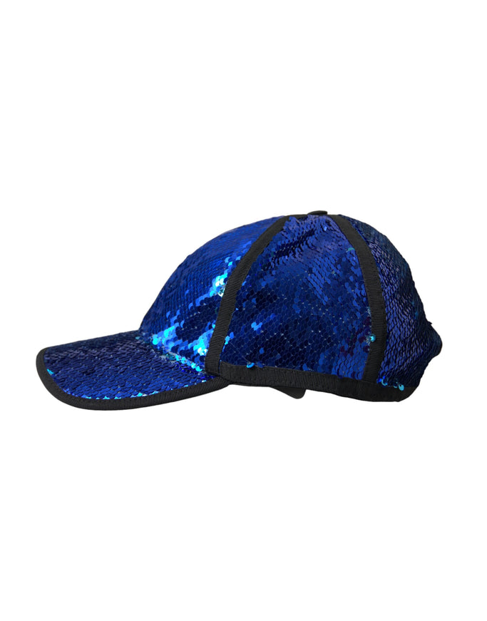 a blue hat with a black band around the peak