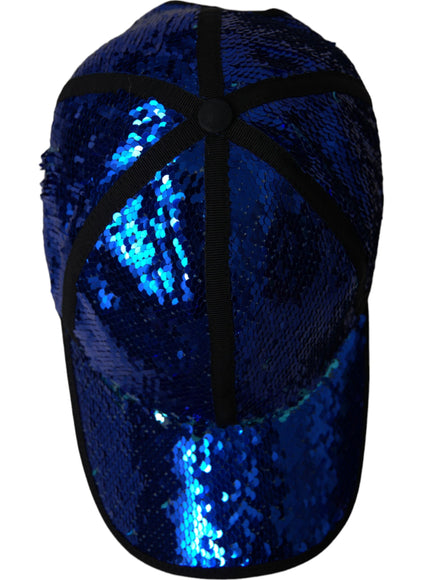 a blue sequin baseball cap with a black ribbon