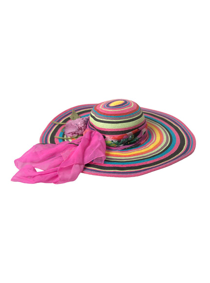 a colorful hat with a pink scarf around it