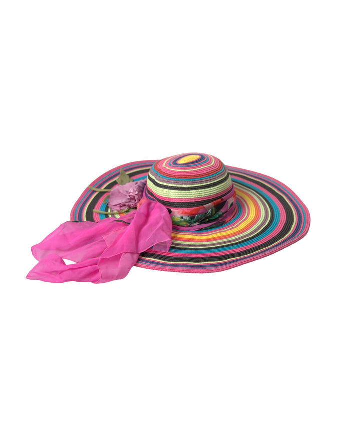 a colorful hat with a pink scarf around it