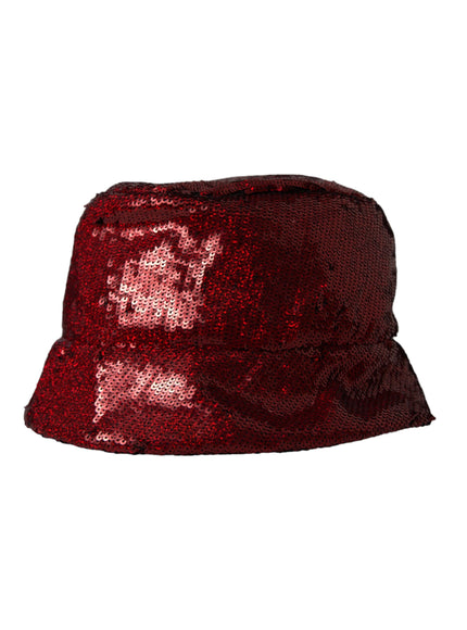 a red sequinized hat with a face on it