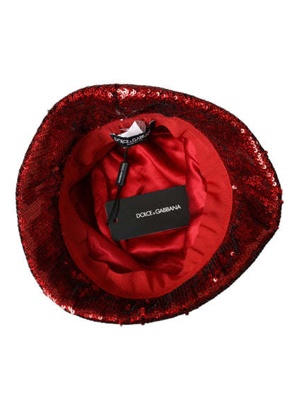 a red sequin hat with a tag on it