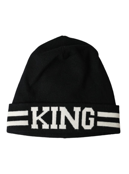 a black beanie with the word king on it