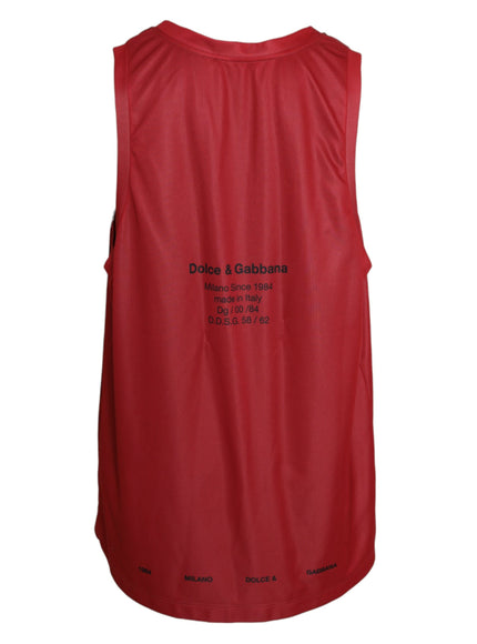 a red tank top with a black print on it