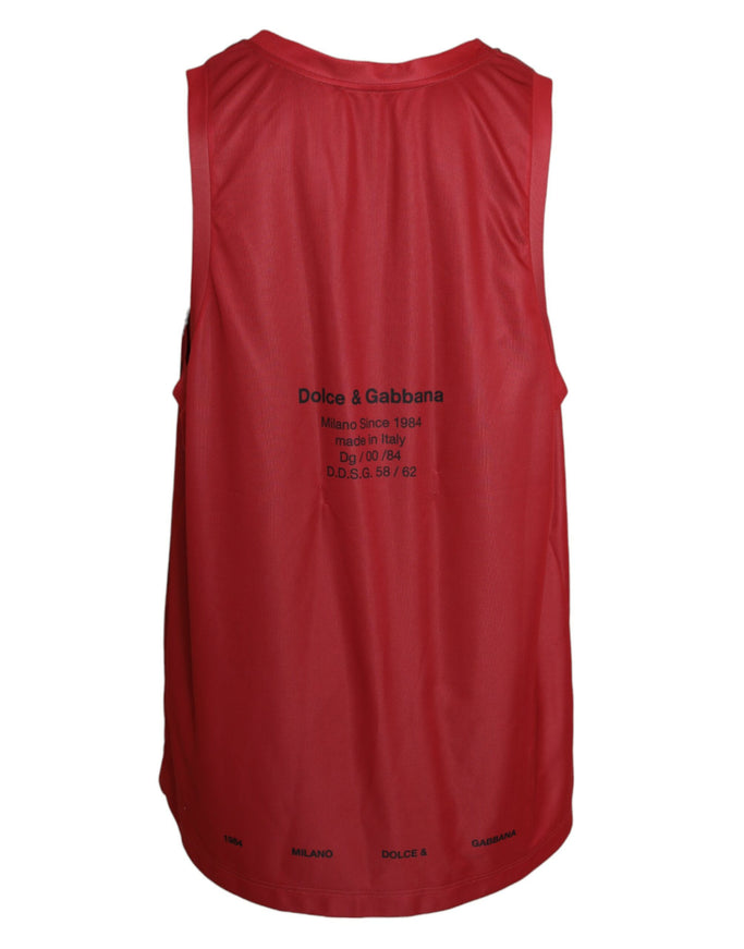 a red tank top with a black print on it