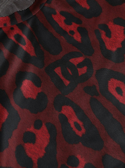 a close up of a red and black animal print shirt