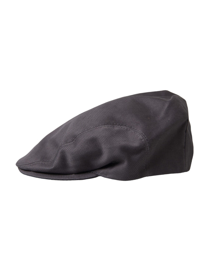 a close up of a black hat on a white background