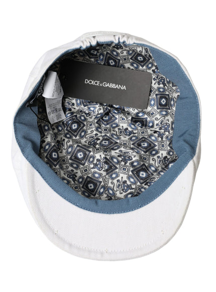 a blue and white hat with a tag on it