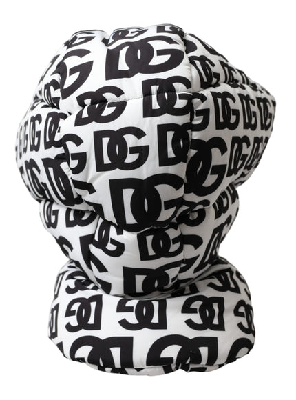 a white and black beanie with black letters on it