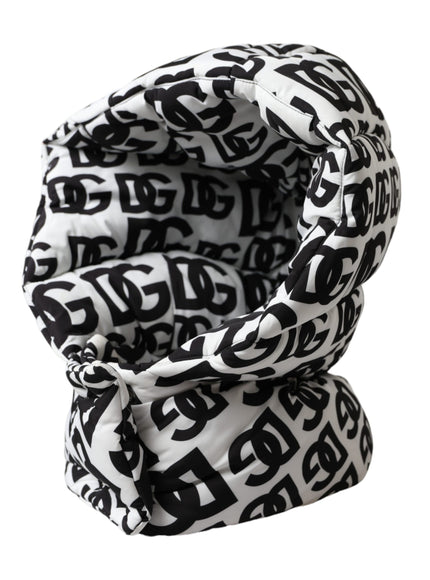 a black and white scarf with letters on it