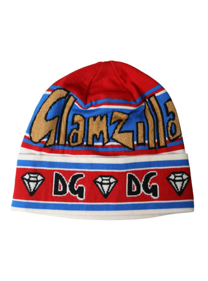 a red and blue beanie with a diamond on it