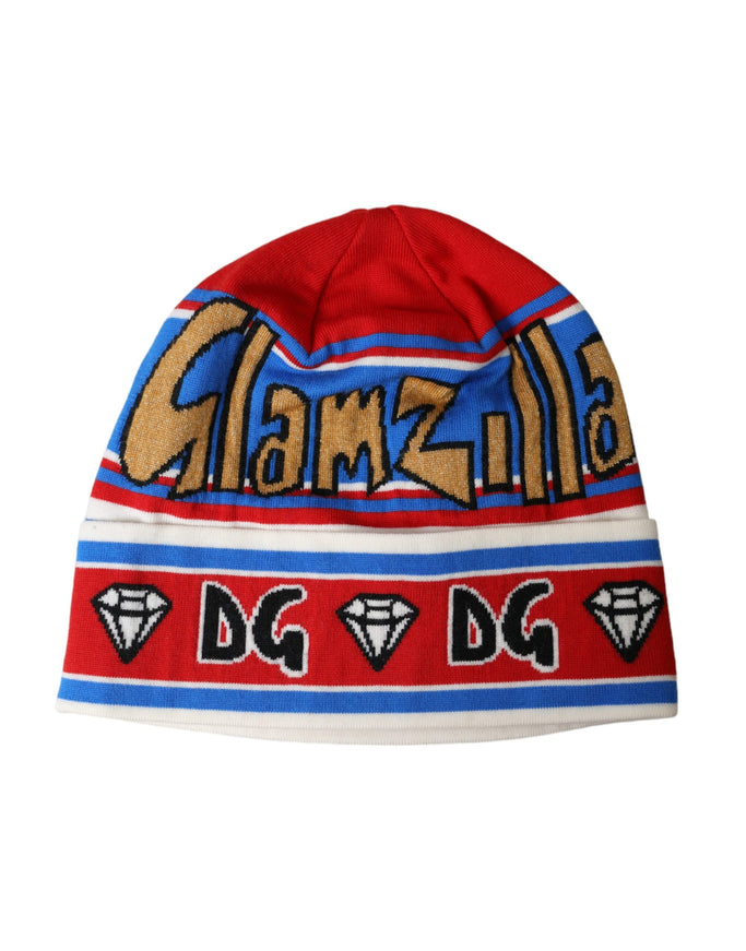 a red and blue beanie with a diamond on it