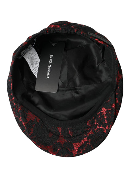 a black and red hat with a tag on it