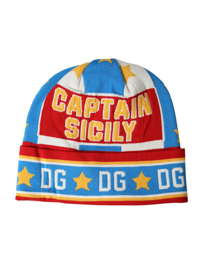 a blue and red hat with the words captain sigily on it