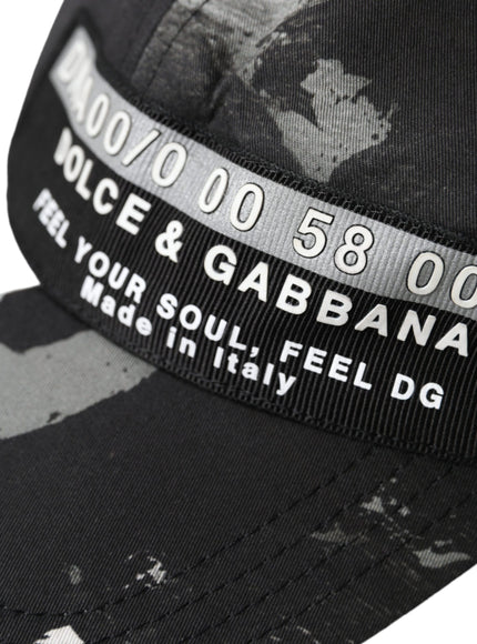 a black and white hat with a tag on it