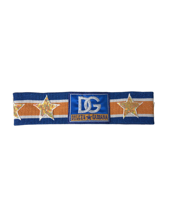 a blue and orange ribbon with a star on it