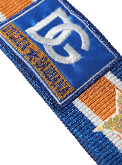 a close up of a blue and orange ribbon